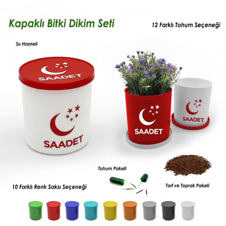 Saadet Partisi Logolu Yuvarlak Kapaklı Bitki Dikim Seti